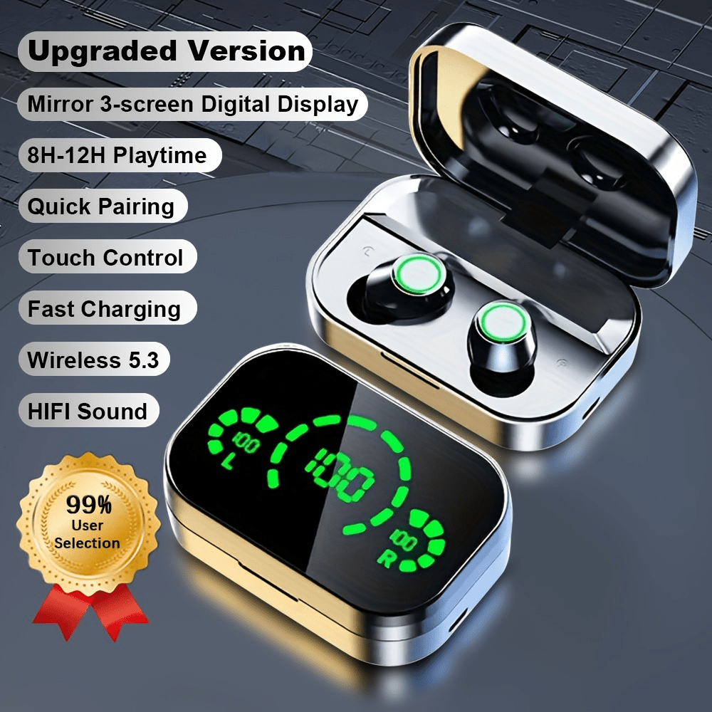 TEMU 2025 Triple-screen Smart Wireless Earbuds With Digital Display, Mirror Design, And Fast Charging Case - 200mah Battery, Wireless 5.0, Type-c