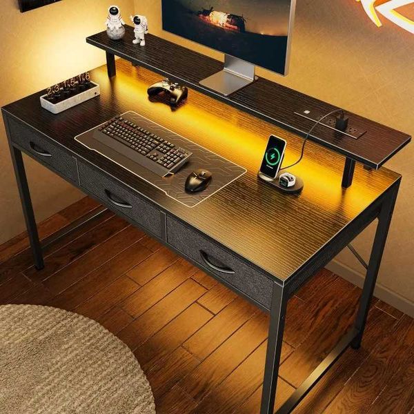 Other Furniture 47 inch Computer Desk with 3 Drawers Office Desk Gaming Desk with LED Lights Power Outlets Home Office Desks with Storage Q2