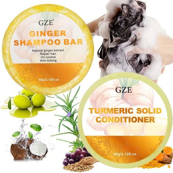 Handmade Soap GZE Ginger Shampoo Bar Soap and Turmeric Solid Conditioner Hair Set for Thinning Lock in Moisture Shine and Control Frizz. G24