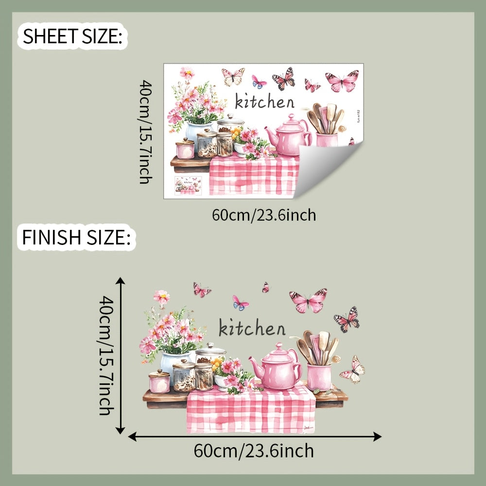 TEMU Chic Pink Teapot & Wall Decal - Removable Waterproof Pvc Sticker For Kitchen, Living Room Decor, 15.7x23.6 Inches, Tablecloth, Bottle & Jar