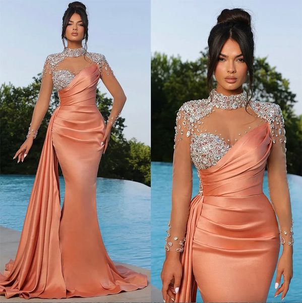 Elegant Coral Mermaid Evening Dresses Beaded High Collar Party Prom Dress Illusion Long Sleeves Pleats Long Dress for special occasion