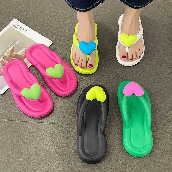 Summer Candy Colors Flip Flops Beach Love Heart Bowknot Soft Bottom Flat Slippers Women Outdoor Non Slip Flat Slide Sandals ShipC241129
