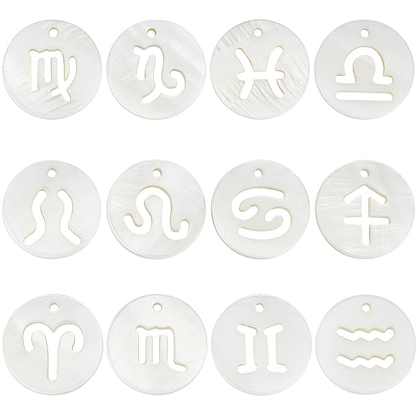 24 pièce 12 styles 12 constellations coquillage d'eau douce naturel creux breloques rondes plates