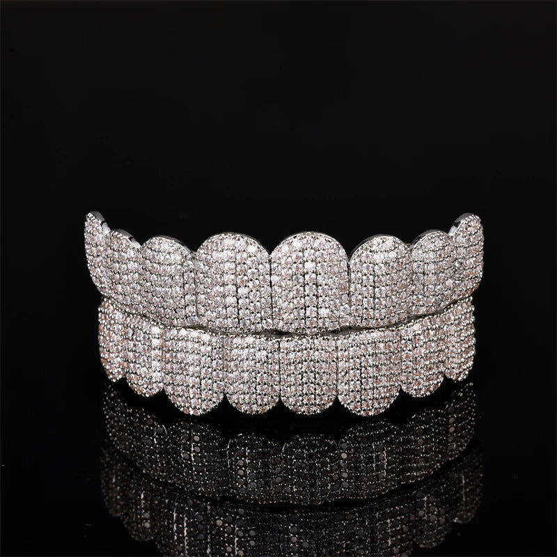 Hip Hop Full CZ Stones Teeth Caps Cubic Zircon Iced Out Micro Pave Top Bottom Charm Grills For Men Women Jewelry 250103