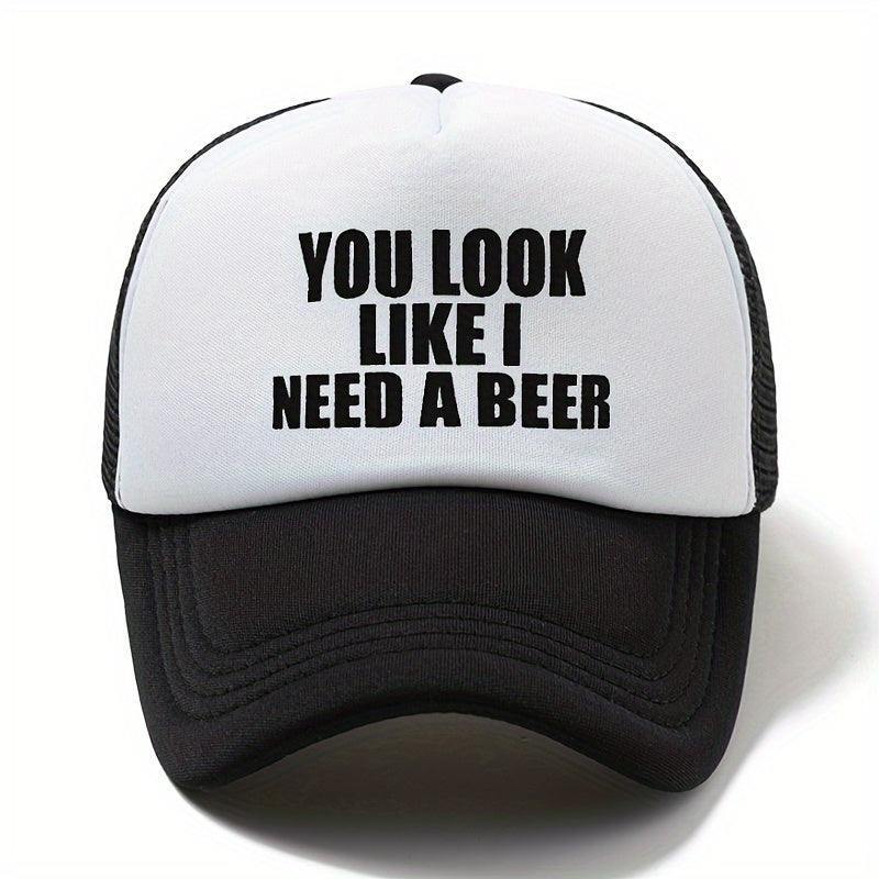TEMU 1 "you Look Like I Need A Beer" Printed Trucker Hat - Breathable Mesh Back Baseball In Black, Blue, Red, & White - Casual Polyester Dad Hat For