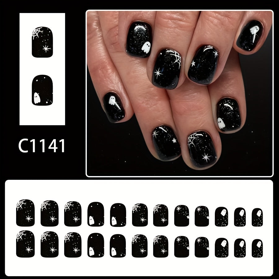 TEMU 24pcs Of Short, Glossy Square Press-on Fake Nails, Featuring The 2025 New With Dark Webs And Cute , Stylish And Versatile For Everyday And
