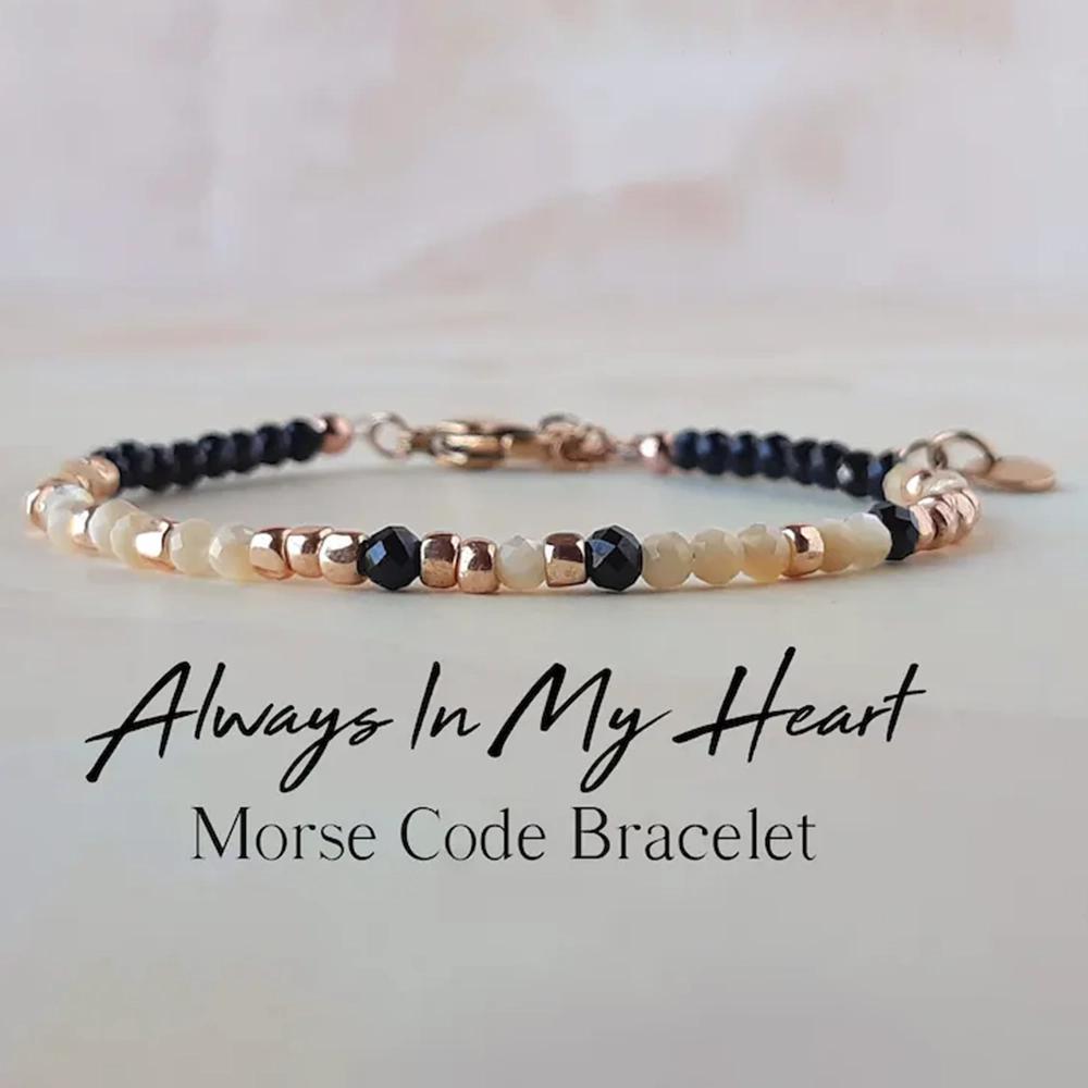TEMU In My Heart Code Bracelet - Black Natural Stone & Beaded Jewelry With Accents, Elegant Memorial Gift For Women, For Casual Attire Or Special