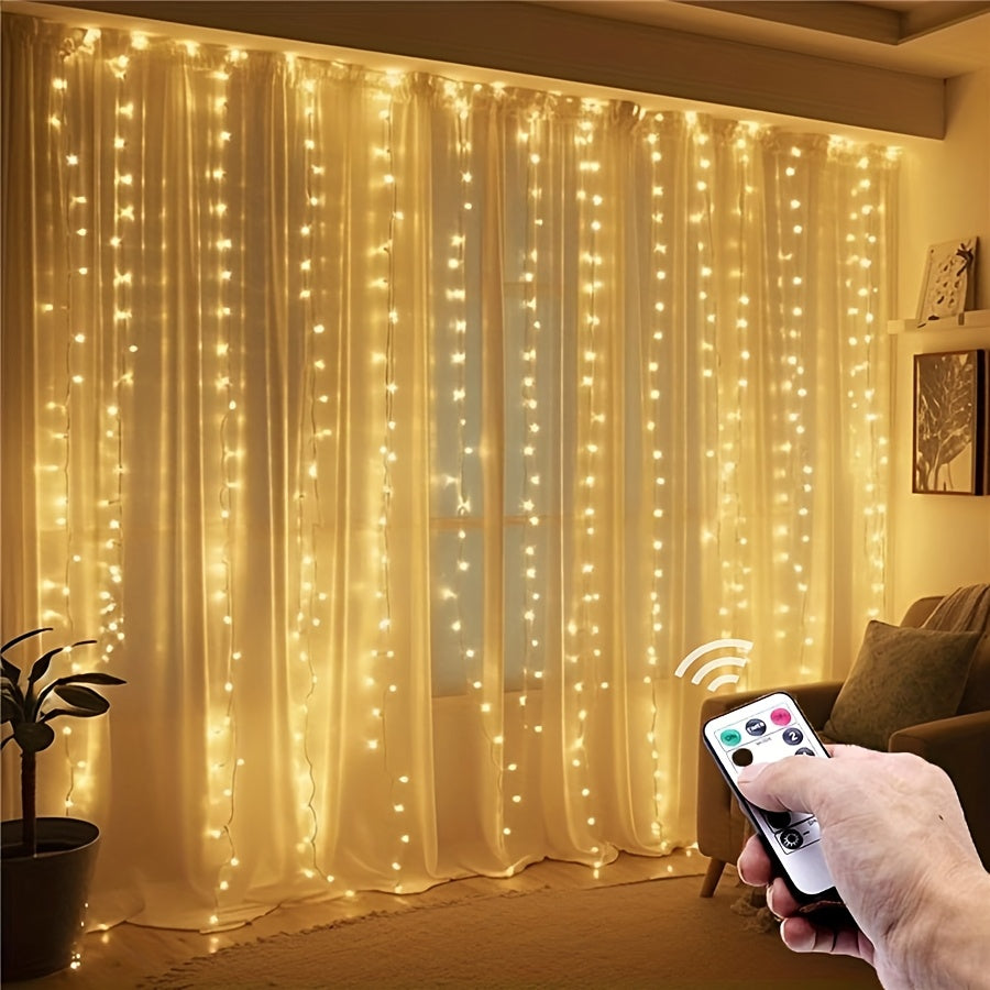 TEMU 601 Led Warm White Usb Curtain Lights With Remote Control - 8 Lighting , Usb-powered Indoor String Lights With Infrared Sensor, Classic Elegant