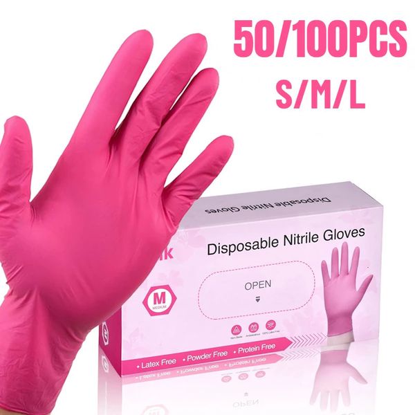 50100PCS Disposable Pink Nitrile Gloves for Hairdressing Manicure Washing Waterproof Dishwashing Kitchen Tools Latex Free 250103