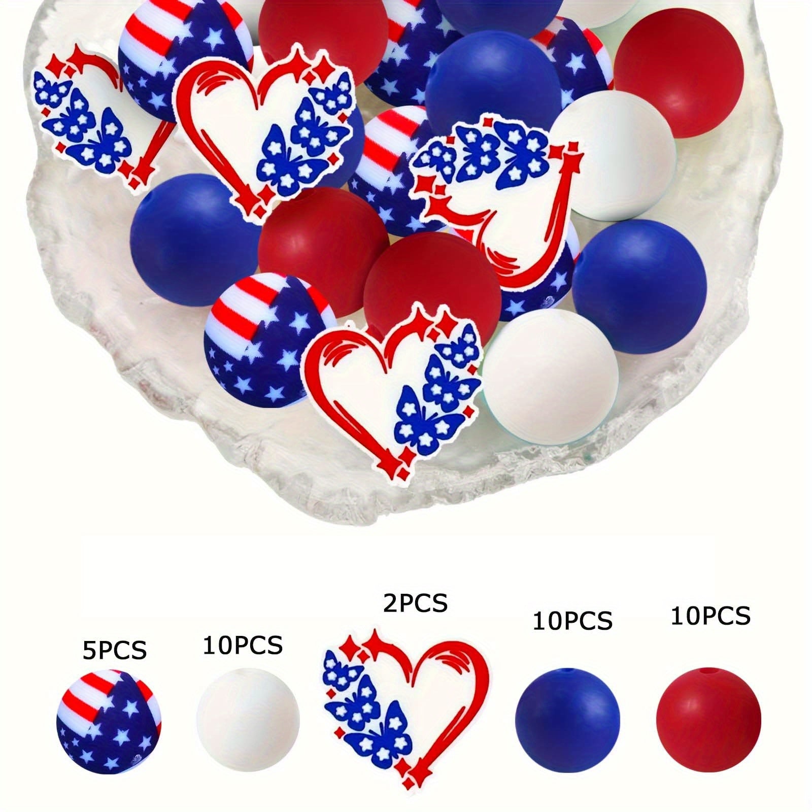 TEMU 37pcs Patriotic Heart & Silicone Beads - American Flag Colors, Theme - Making For Bracelets, Necklaces, Pendants - Creative Craft Accessories,