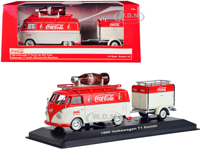 1960 Volkswagen T1 Kombi Van with Trailer Red and Cream "Coca-Cola" 1-43 Diecast Model Car by Motor City Classics