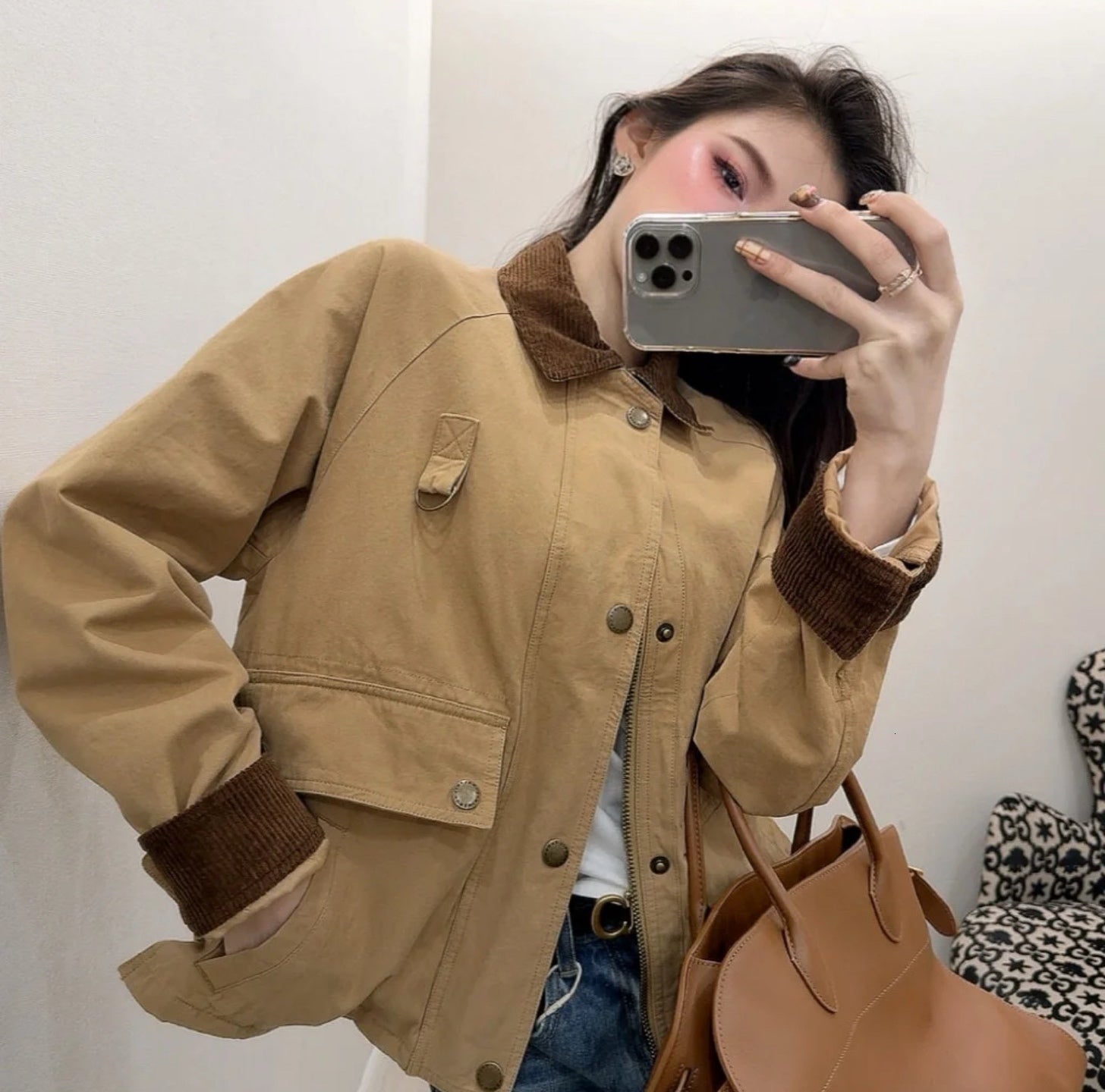 Womens Khaki Bomber Jacket Retro Utility Style Fashion Workwear Coat Streetwear Outerwear Asian Size Turn Down Collar Ladies Jacket