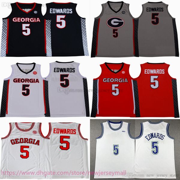 Stitched NCAA Georgia Bulldogs Basketball 5 Anthony Edwards Jersey College #5 Red White Grey Stitch Jersey Breathable Sports Shirts Men S-2X