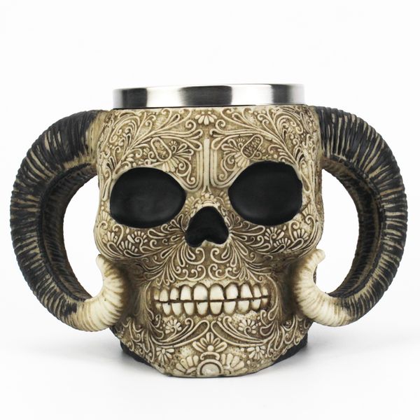 Viking Ram Horned Pit Lord Warrior Beer 500Ml Goat Horn Tankard Resin Stainless Steel Engraved Skull Mug Holiday Gift