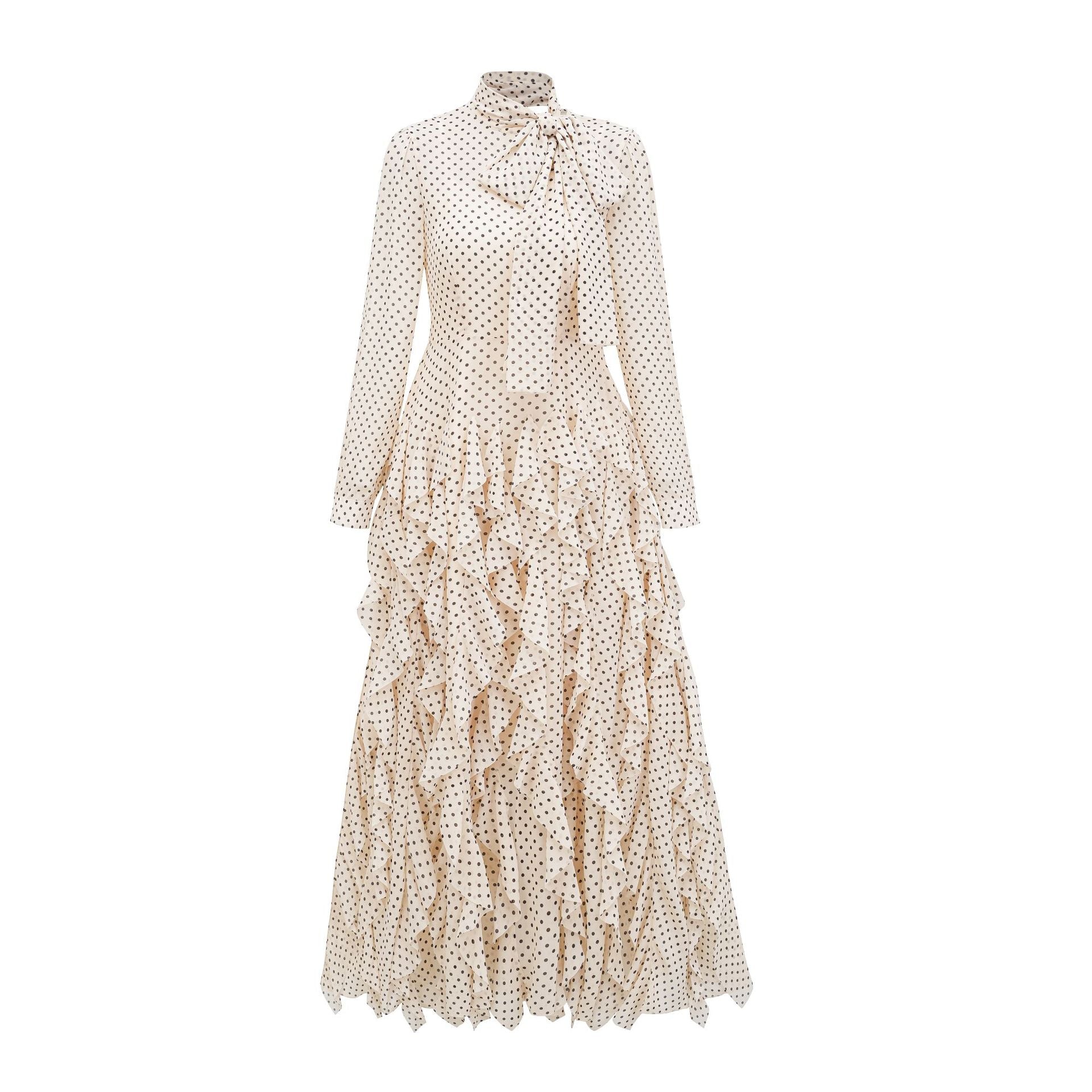 (009) White-collar commuting temperament long skirt polka dot half-high collar long-sleeved dress annual meeting banquet dress skirt