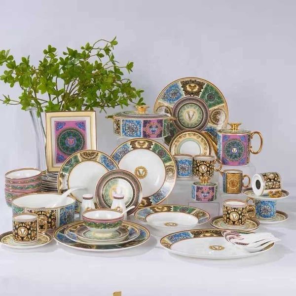 Decorative Objects Figurines Family tableware set Western food plate bowl coffee set hot selling European color bone Chinese tableware set I