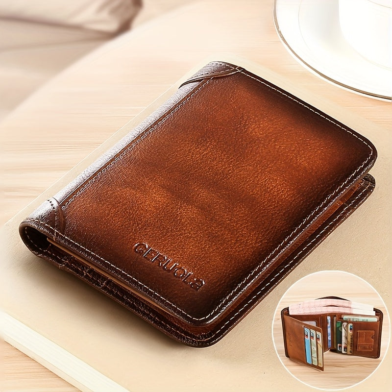 TEMU Rfid Blocking Trifold Genuine Leather Wallets For Men, Top Layer Cowhide Vintage Short Multi Function Credit Card Holder, Money Clips With 2 Id