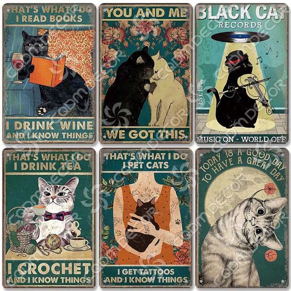 Metal Painting Black Cat Tin Logo Metal Plaque Reading Books Beverages Wine Pets Metal Posters Retro Wall Decor Coffee Shop Kitchen Bathroom