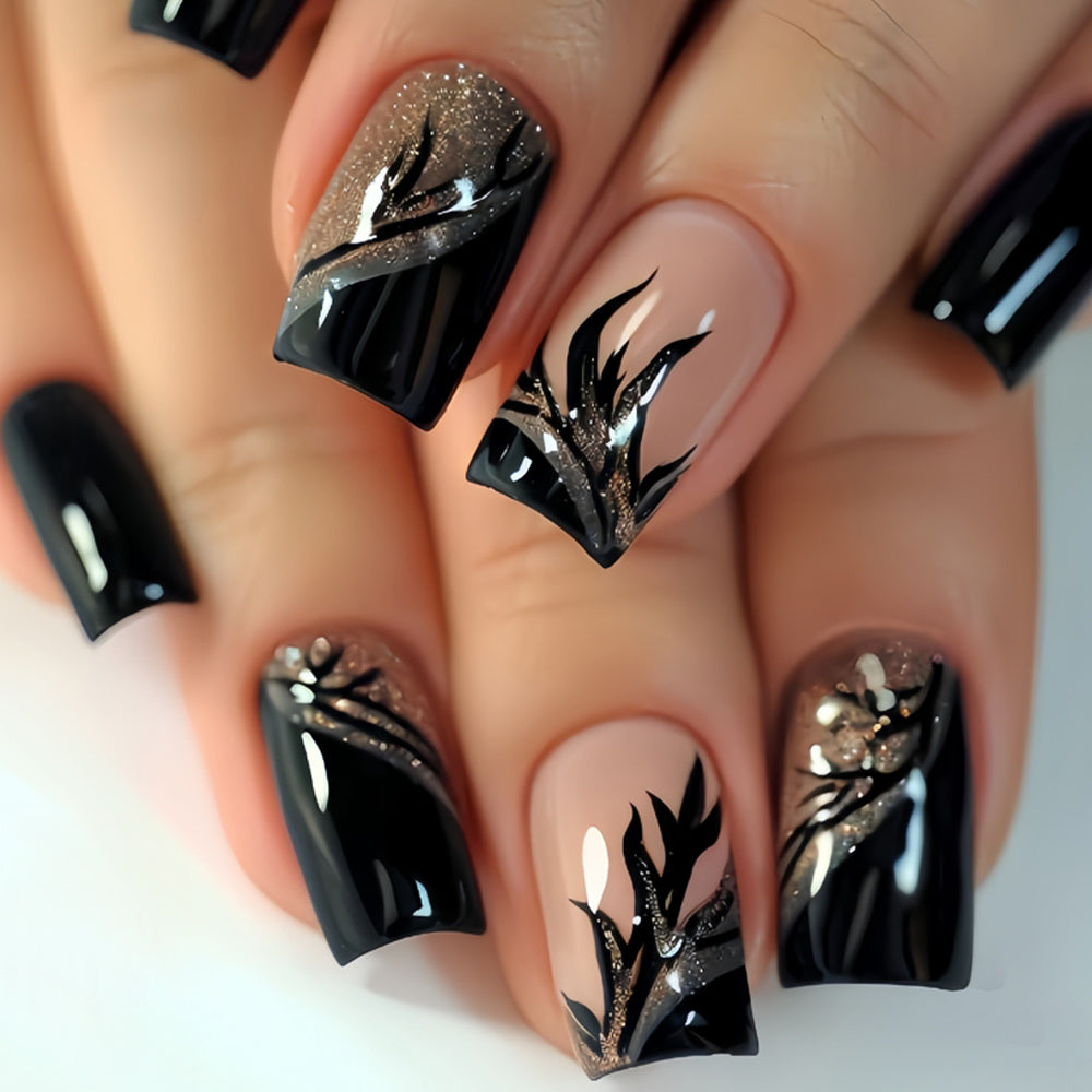 TEMU 24pcs Glossy Medium Square Fake Nails With Cool Black And , Press-on Nail Set Featuring Flame Leaf Design In Lines For Women And S