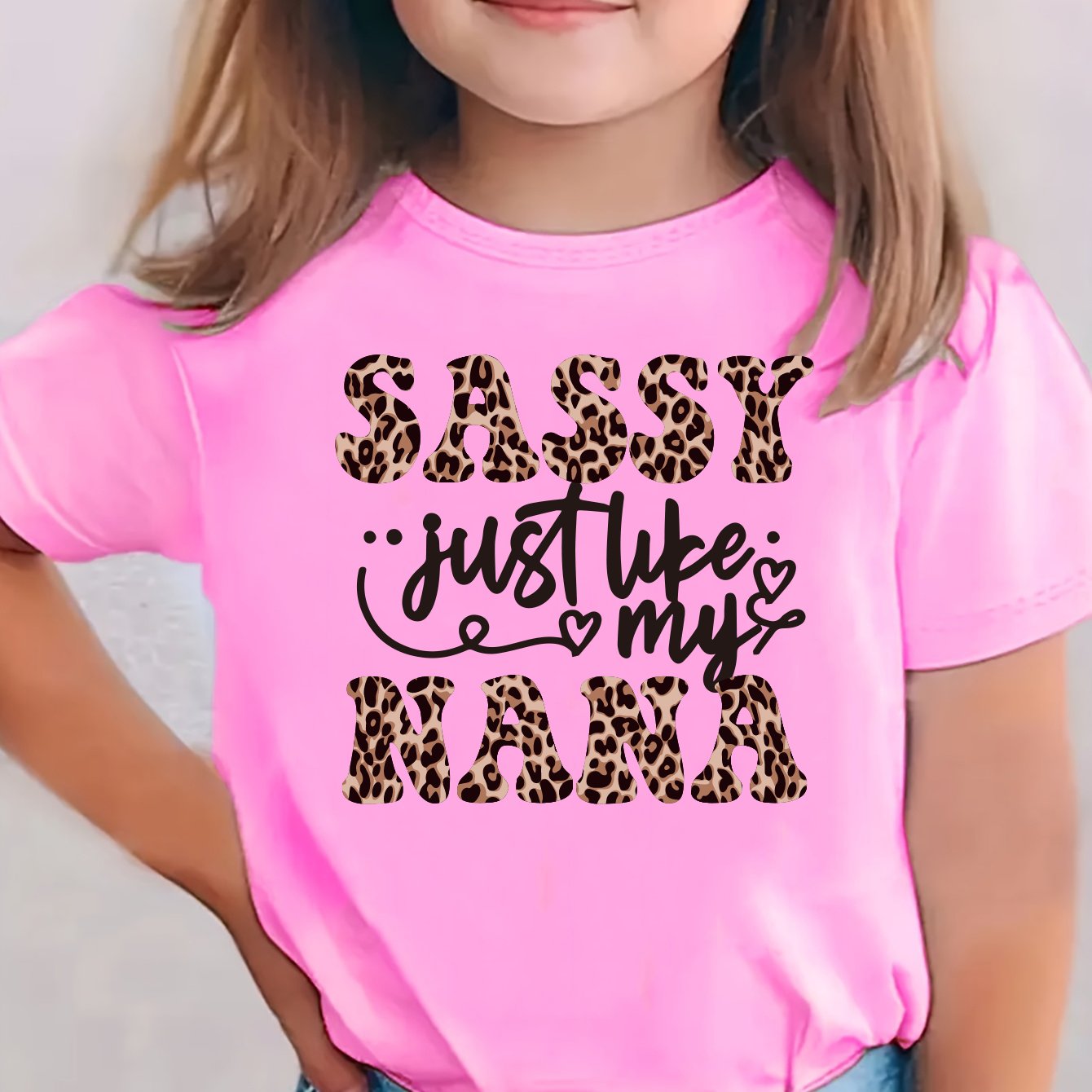 TEMU Gourd Doll Girls' Pink 'sassy Just ' Graphic Tee - Casual Knit Short-sleeve T-shirt With Leopard Print Lettering, Soft 100% Cotton, Loose Fit,