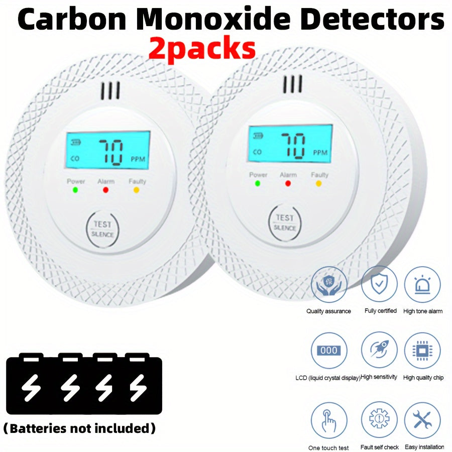 TEMU 2 Pack Carbon Detectors Co Alarm Sensor Detector Monitor Battery Operated With Digital Display For House Kitchen Restaurant Hotel Office Test-