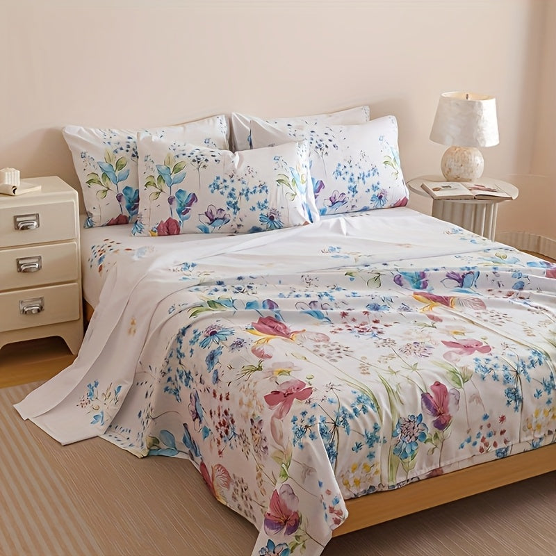 TEMU 4pcs Flowers Plant Design Four-piece Sets (1 Fitted Sheet + 1 Flat Sheet + 2 Pillowcase Without Pillow Core) Fashionable, Soft And Breathable