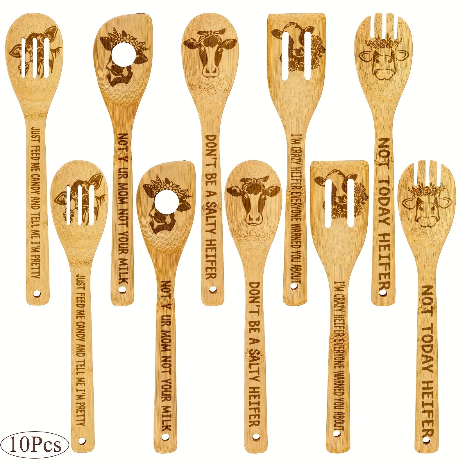TEMU Cute Cow Kitchen Gift, 10pcs Wooden Spoons Utensils Set Cooking Utensils Carve Bamboo Spoons Spatula Kitchen Cookware Gadget Cute Cow Decor Kit