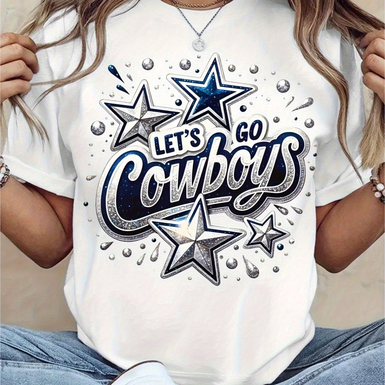 TEMU Women's Turquoise Star & 'let' ' Print T-shirt - Logo Design, Casual Short Sleeve Round Neck Summer Top For , Casual Attire & Dallas Fans