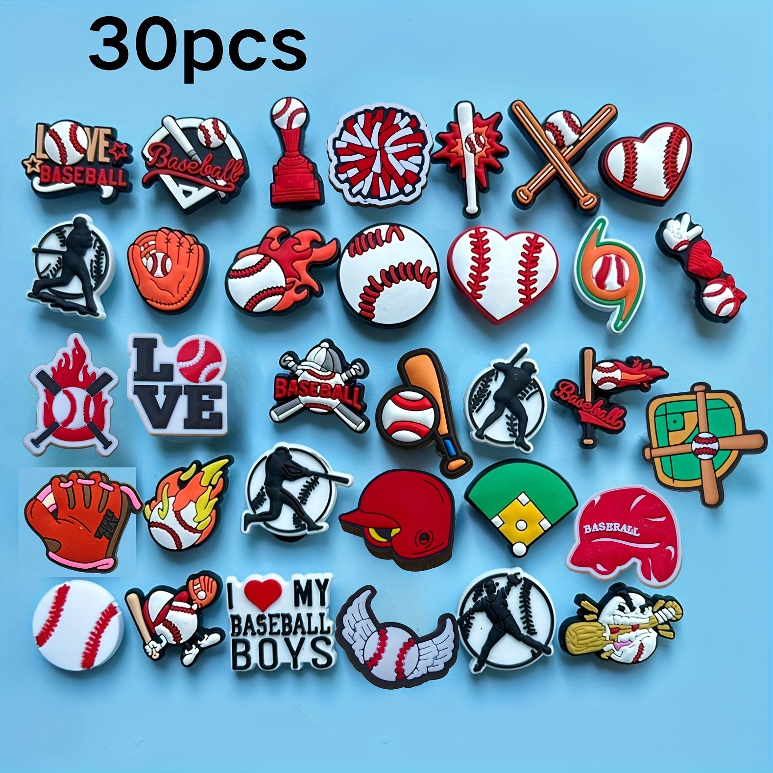 TEMU 30pcs Baseball-themed Pvc Shoe Charms - Vibrant Sports Decorations For Sneakers, Diy Crafts, Accessories For Fans, Durable Shoe Clips & Jewelry