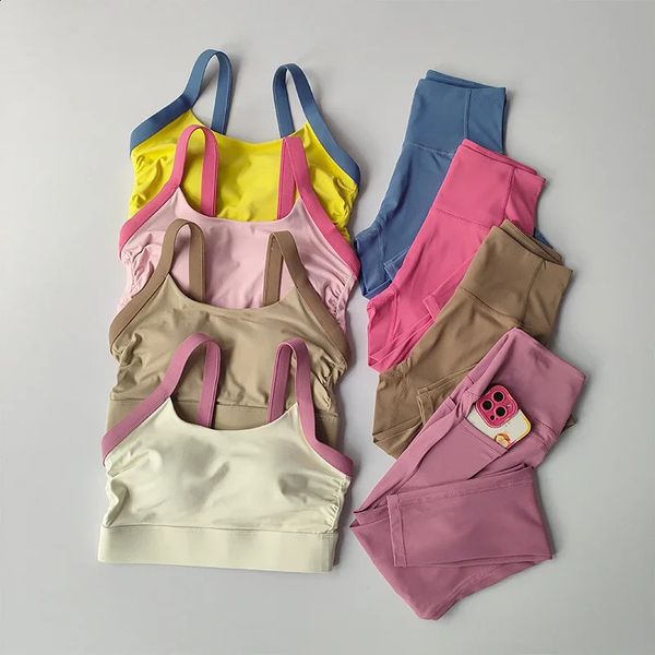 High Intensity Color Blocking Cross Back Integrated Yoga Set 2PCS Sports Underwear High Waist and Hip Lifting Fitness Leggings 241210