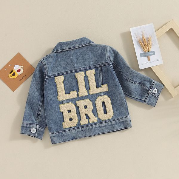 Baby Boys Denim Jacket Back Letter Embroidery Infant Button-Down Jeans Jacket Turn-Down Collar Toddler Coat Outerwear