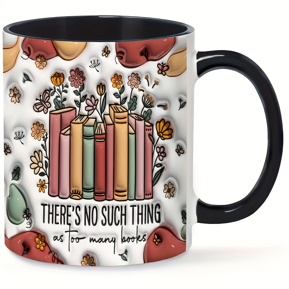 TEMU 1pc Book Ceramic Coffee Mug - Literary Gift With "too Many Books" Quote, Floral Book Stack Design In Brown-orange-red- - 11oz Cup For Readers, -