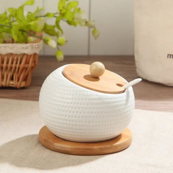 Ceramic seasoning jar with wooden salt shaker kitchen supplies white spice organizer jar spoon set white sugar box 240819