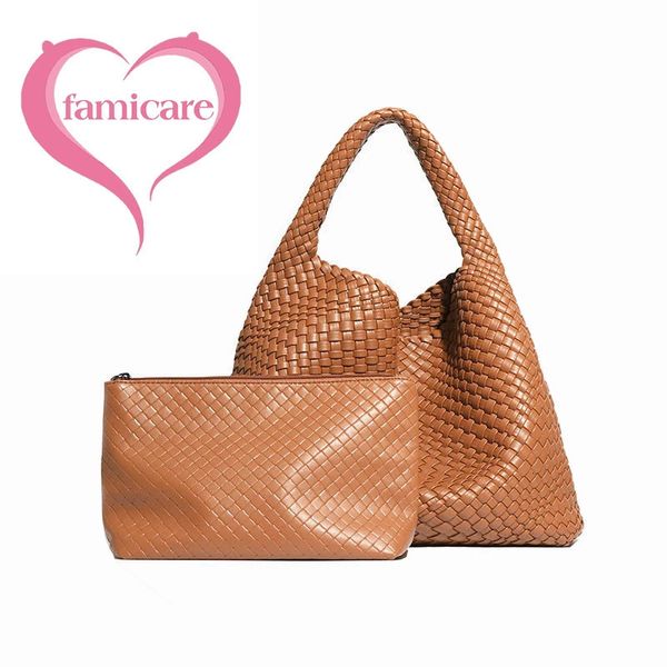 2024 Womens PU Leather Handbag Womens Fashion Handmade Knitted Handbag Womens Handmade Knitted Basket Shoulder Bag with Wallet 241107
