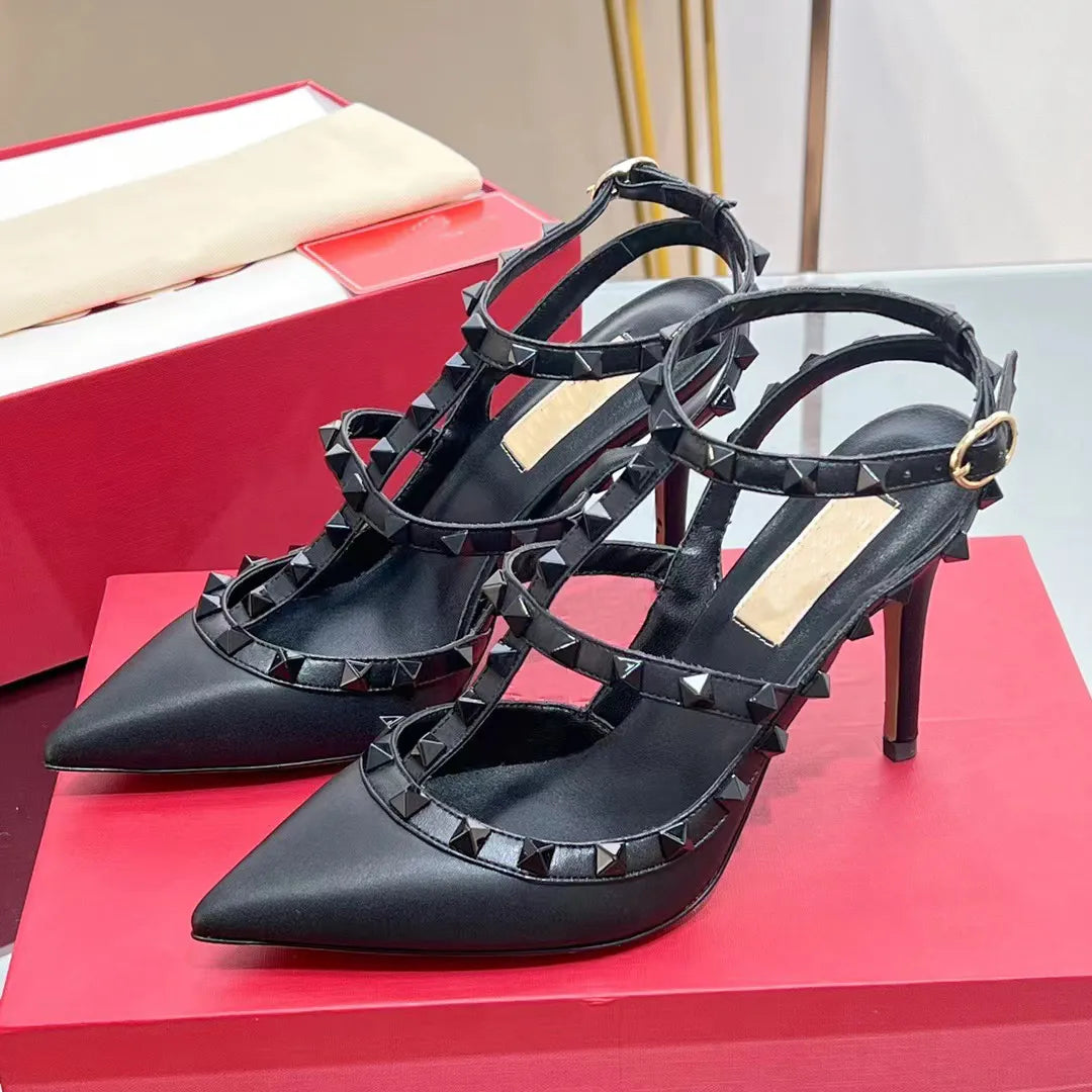 high heels Trendy Sandals Designer Riveted Decoration Women High Heel Dress Shoe 10CM Fine Strap Combination Buckle Back Empty Toe Elegant Wedding S