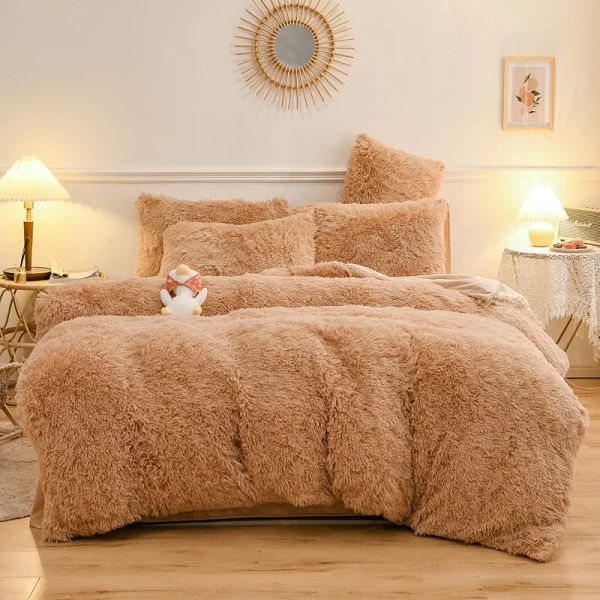 Long Hair Bedding Set, Mink Flannel Fleece, Home Linens, Blue Grey Camel Heart Cushion, Duvet Cover Set, USA CA, Drop Shipping