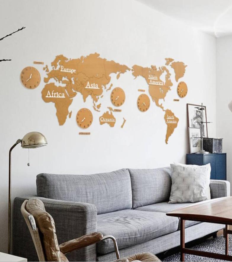 Creative Wooden World Map Wall Clock 3D Map Decorative Design Home Decor Living Room Modern European Style Round Mute Relogio De P6648927