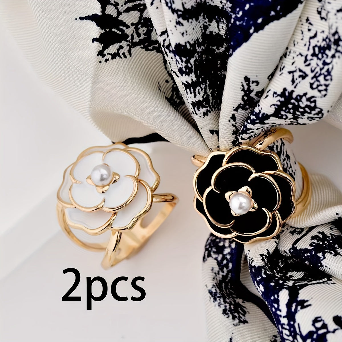 TEMU 2pcs Elegant Alloy Scarf Ring Set - Fashion Flower Scarf Clip With Pearl Gloss, Retro Camellia Design Scarf Female Ring All-match Decorative