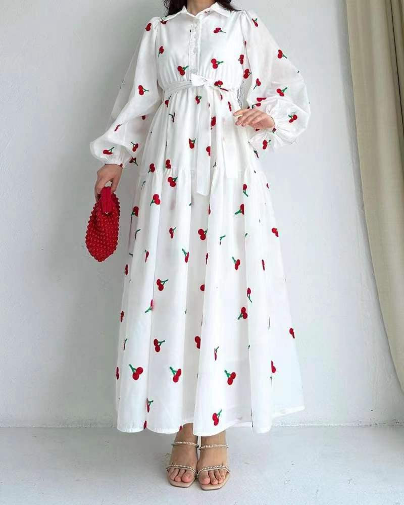 STYLISH LADY Fruit Printed Mideast Dress 2024 Spring Women Long Sleeve Turn Down Collar Elegant OL Party Drawstring Dresses