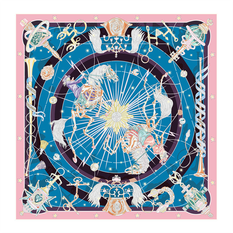 Silk Scarf Women Skeleton Knight Splicing Printing Square Scarves Head Echarpes Silk Foulards Femme Wraps Beach Shawls Bandana Lady Hijabs 90CM X 90