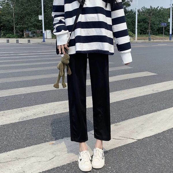 Spring Summer Summer Elastic Black Fin Straight calça reta Simplicidade Básica Solid Casual Moda Vintage Clothing 250122