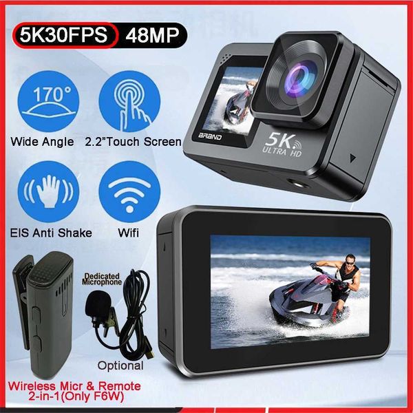 Sports Action Video Cameras Camera F6W Wireless Microphone 5K 4K60FPS 48MP 22inch Touch LCD EIS Dual Screen WiFi 170D Waterproof 30M 8X Zoom