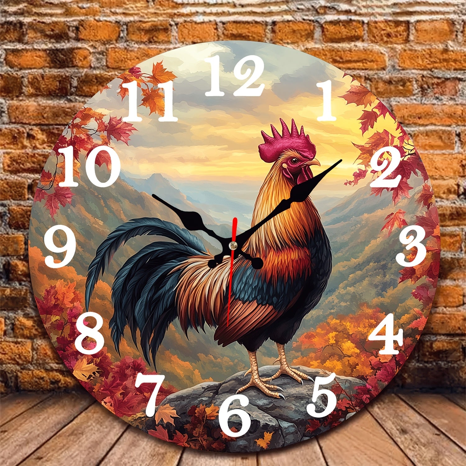 TEMU 1pc 10 Inch Wooden Round Wall Clock With Rooster & Autumn Landscape - Silent Non-ticking Large , White Face & Markers, Farmhouse Decor, Chinese