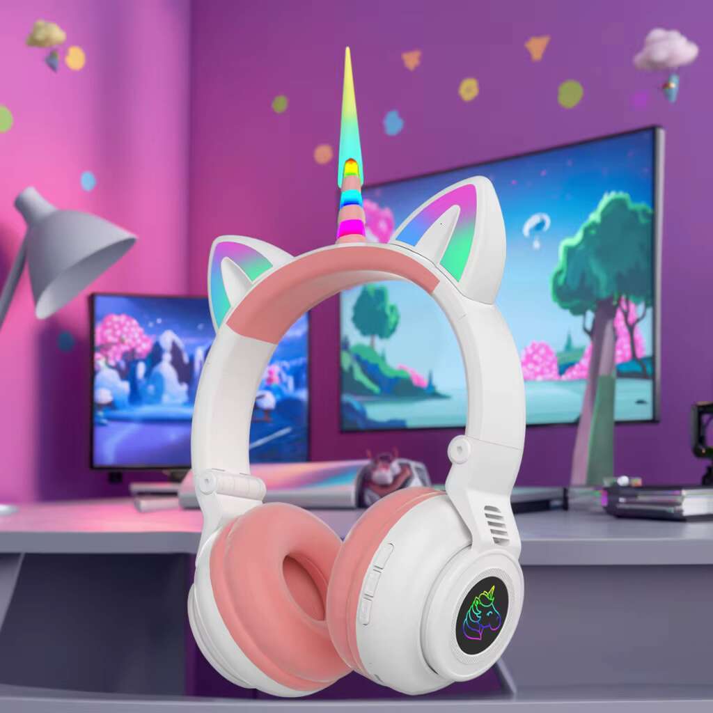 YUSONIC Cute Kids On-ear Headphones Pink Glowing LED Waterproof Wireless Unicorn Headband ROHS Certified for Christmas