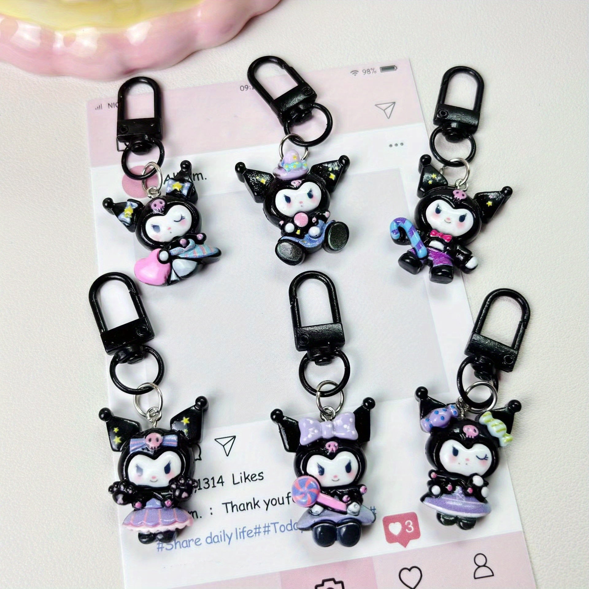 TEMU 6pcs For Kuromi Cartoon Keychain Set - Cute Anime-style Resin Pendants With Iron Chains, Ideal For Backpacks, Wallets, And Phone Decorations,