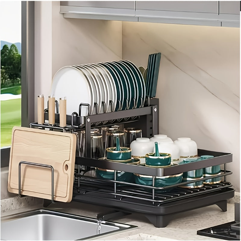 TEMU Double Tier Large Metal And Carbon Steel Cutlery Rack For Kitchen Countertop, Space Saving And Durable, With Knife, Fork And Cup Holders And
