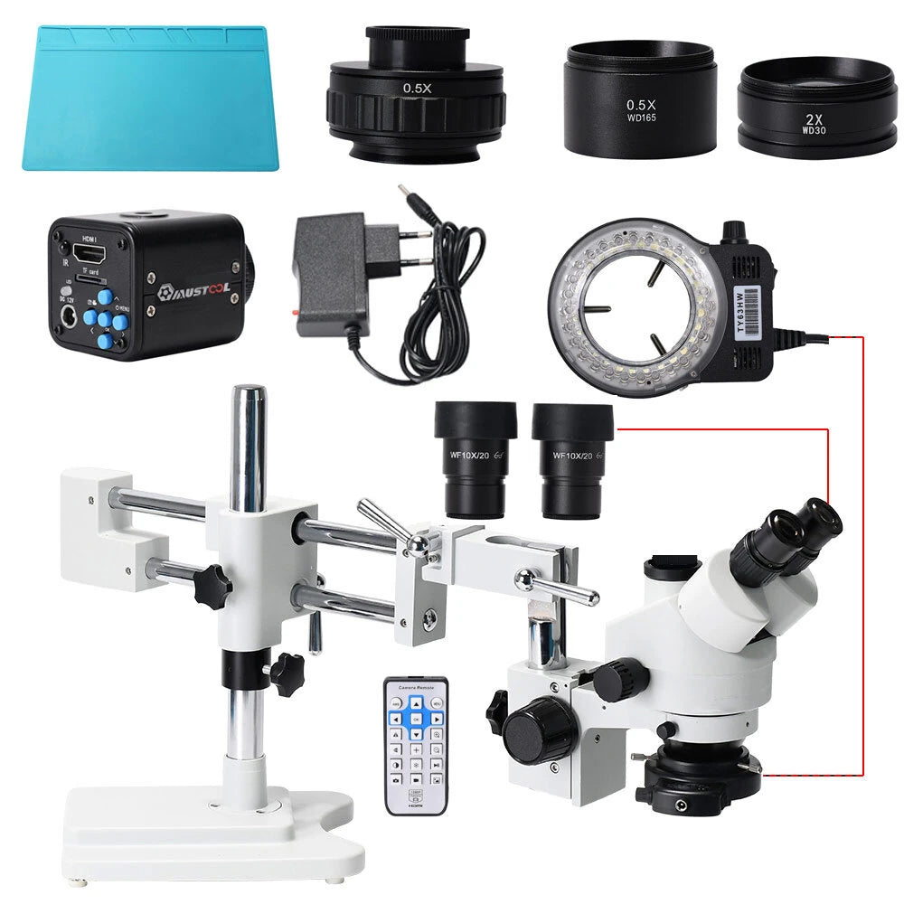 MUSTOOL 3.5X 90XSimul-Focal Double Boom Stand Trinocular Stereo Zoom Stereo Microscope 24MP 4K HDMI Camera 56 LED Ligh