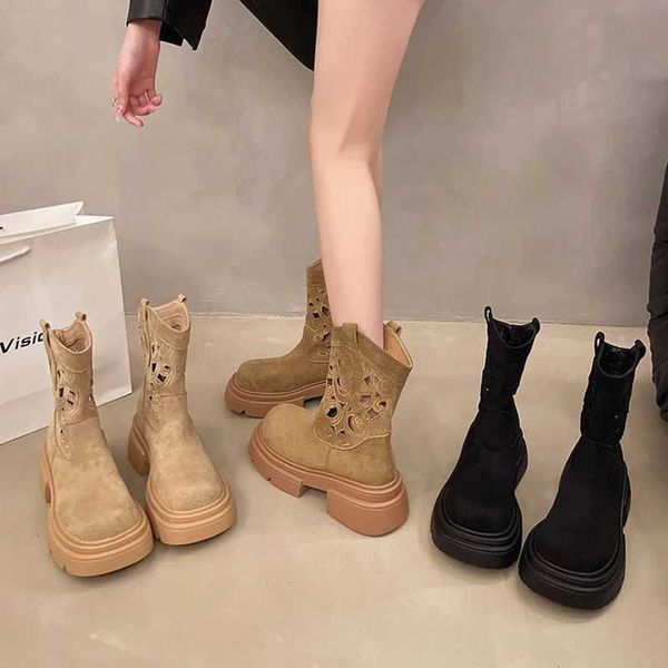 Boots 2024 New Cow Suede Leather Western Mid Calf Women Round Toe Block Heels Autumn Winter Ankle Ladies Shoes D102 H241105