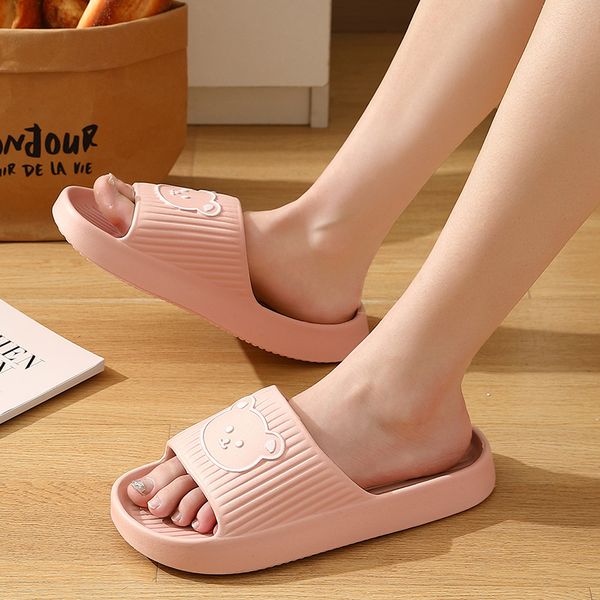 Cute Bear Slippers Women Men Summer Bathroom Slides Cartoon Cloud Shoes Women Indoor Outdoor Soft Eva Thick Bottom Beach Sandals