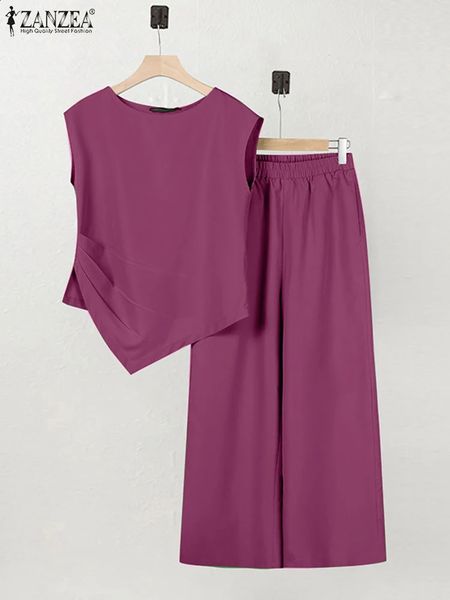 ZANZEA Commute Solid Pant Sets Summer Wide Leg Trouser Women Irregular Hem Tanks Tracksuits Stylish Casual 2pcs Outfits 240729